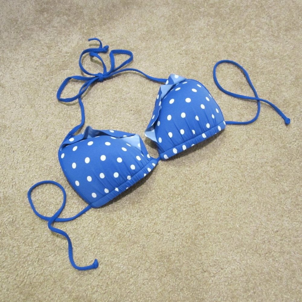 Hollister Blue & White Polka-Dot Ruffle String Bikini Top